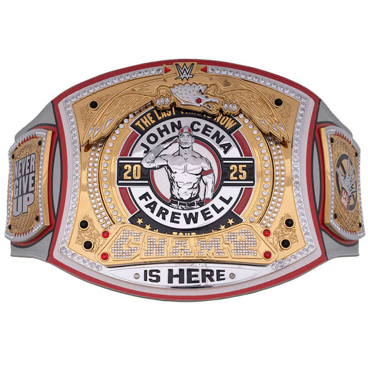 Wrestling championship belt with 'John Cena Farewell' text on a white background
