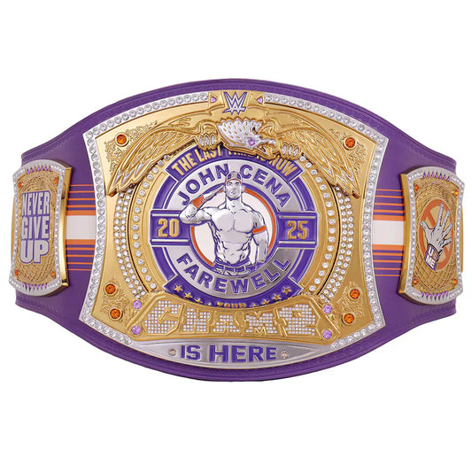 Wrestling championship belt with 'John Cena Farewell' text on a white background