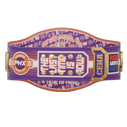 Wrestling championship belt with branding and text on a white background