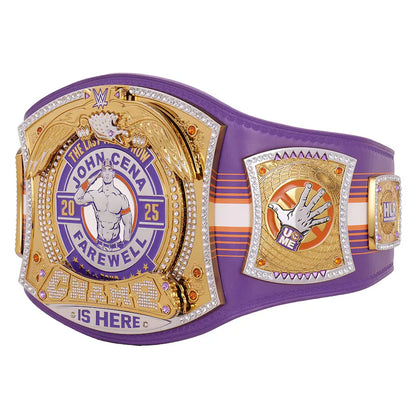 Wrestling championship belt with gold and purple design on a white background