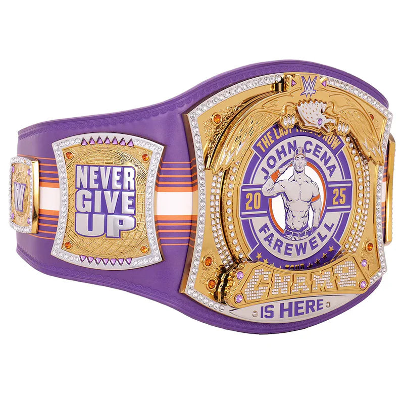Wrestling championship belt with 'Never Give Up' and 'John Cena Farewell' text on a white background