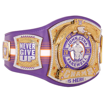 Wrestling championship belt with 'Never Give Up' and 'John Cena Farewell' text on a white background