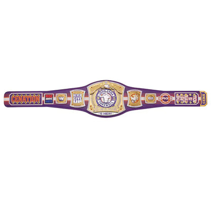 Wrestling championship belt with various logos on a white background
