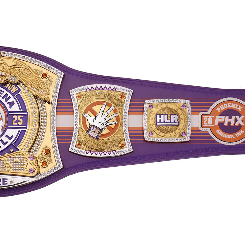 Purple championship belt with gold and white accents on a white background