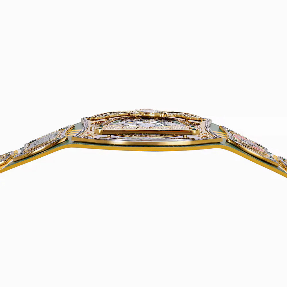 John Cena Farewell Tour Spinner Championship Replica Gold watch with diamond accents on a white background