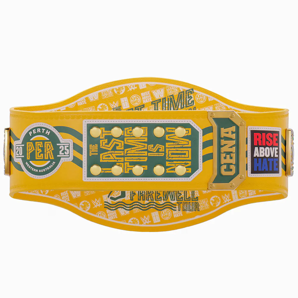 John Cena Farewell Tour Spinner Championship Replica Yellow championship belt with text and logos on a white background