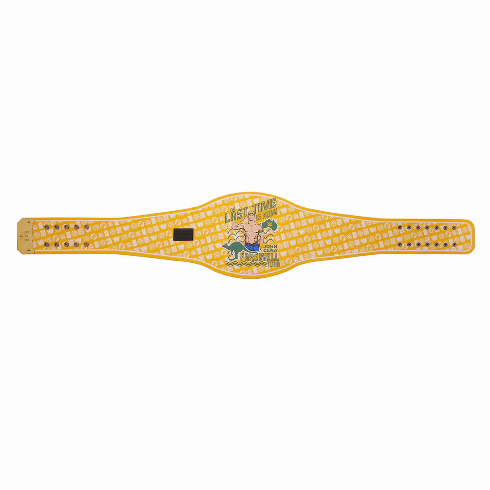 John Cena Farewell Tour Spinner Championship Replica Yellow championship belt with a design on a white background