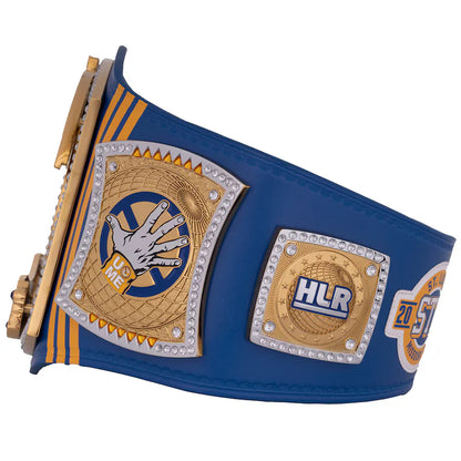 Blue championship belt with gold and white accents on a white background