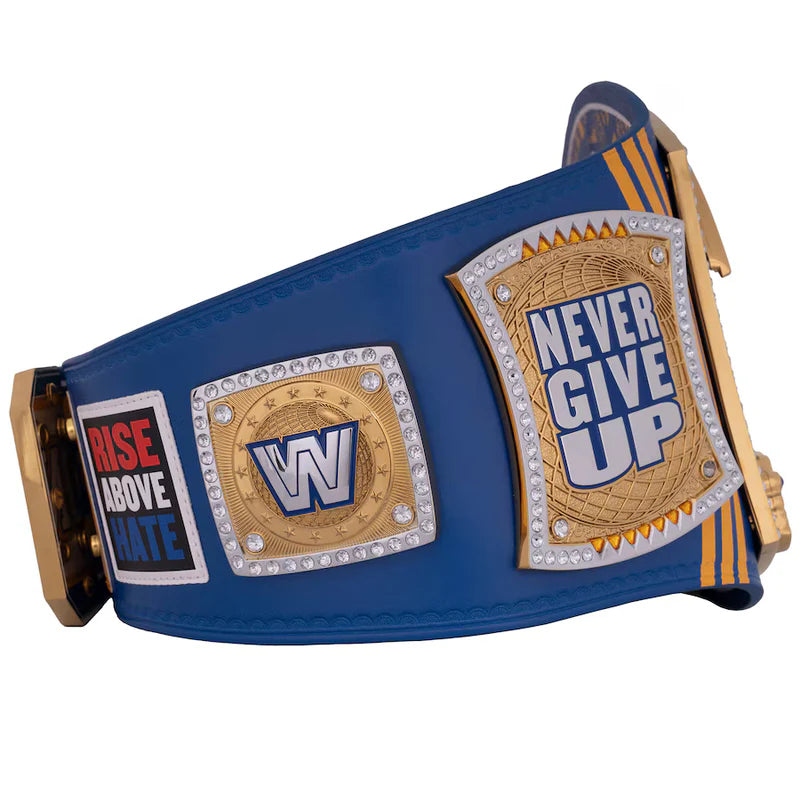 Blue championship belt with gold and silver accents on a white background