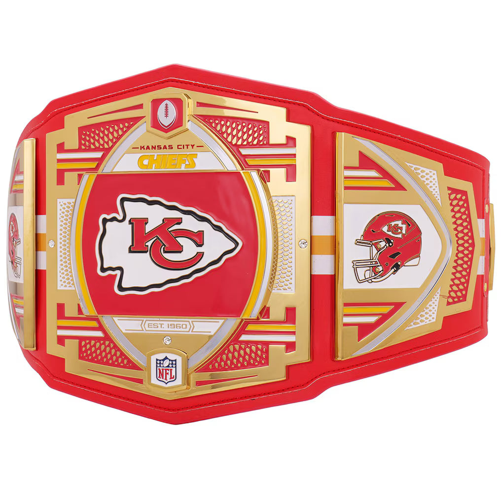 Red and gold championship belt with Kansas City Chiefs logo on a white background