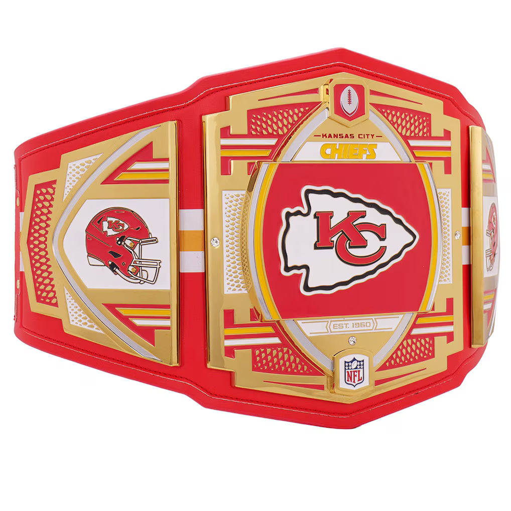 Red and gold championship belt with Kansas City Chiefs logo on a white background