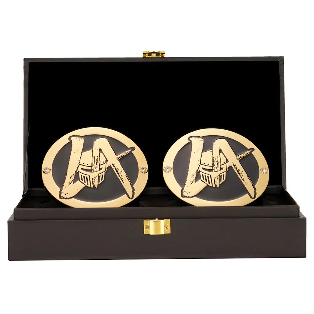 Gold cufflinks with a design in a black display box on a white background LA Knight 16MM Replica Side Plate Box Set