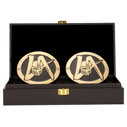 Gold cufflinks with a design in a black display box on a white background LA Knight 16MM Replica Side Plate Box Set