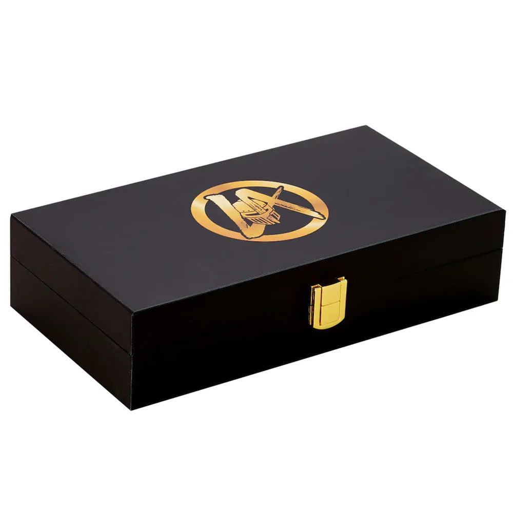 Black box with gold emblem and lock on a white background LA Knight 16MM Replica Side Plate Box Set