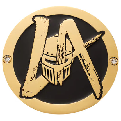 Circular emblem with gold knight helmet design on a black background, surrounded by gold LA Knight 16MM Replica Side Plate Box Setborder.