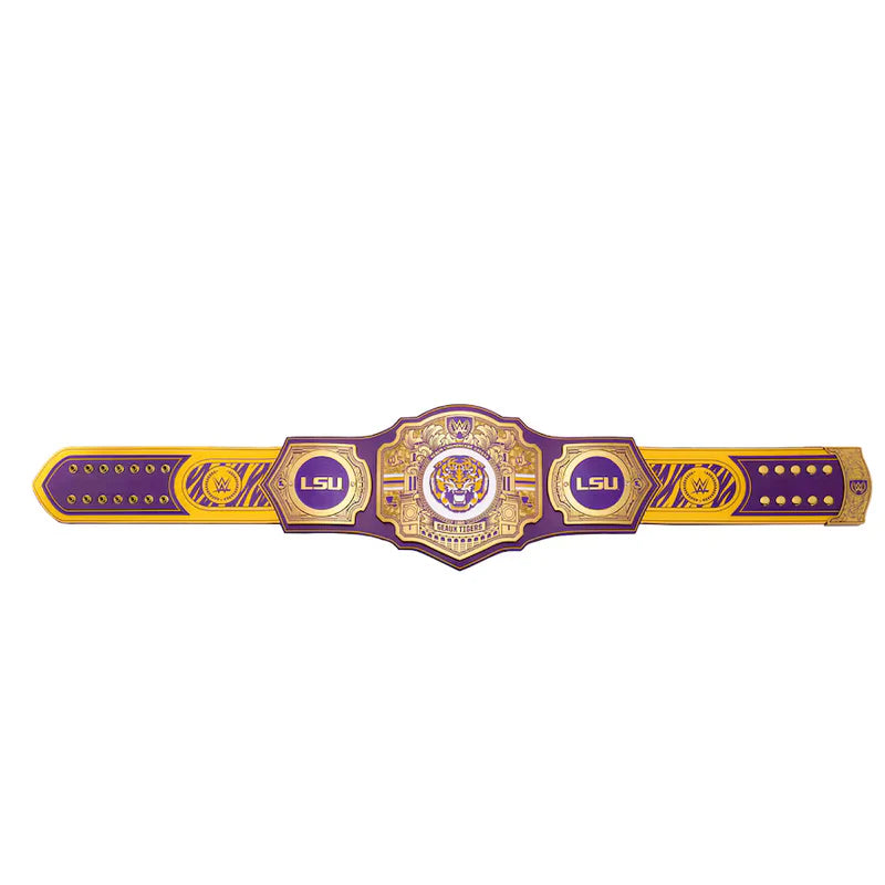 LSU championship belt with purple and gold colors on a white LSU Tigers Legacy Championship Title Beltbackground