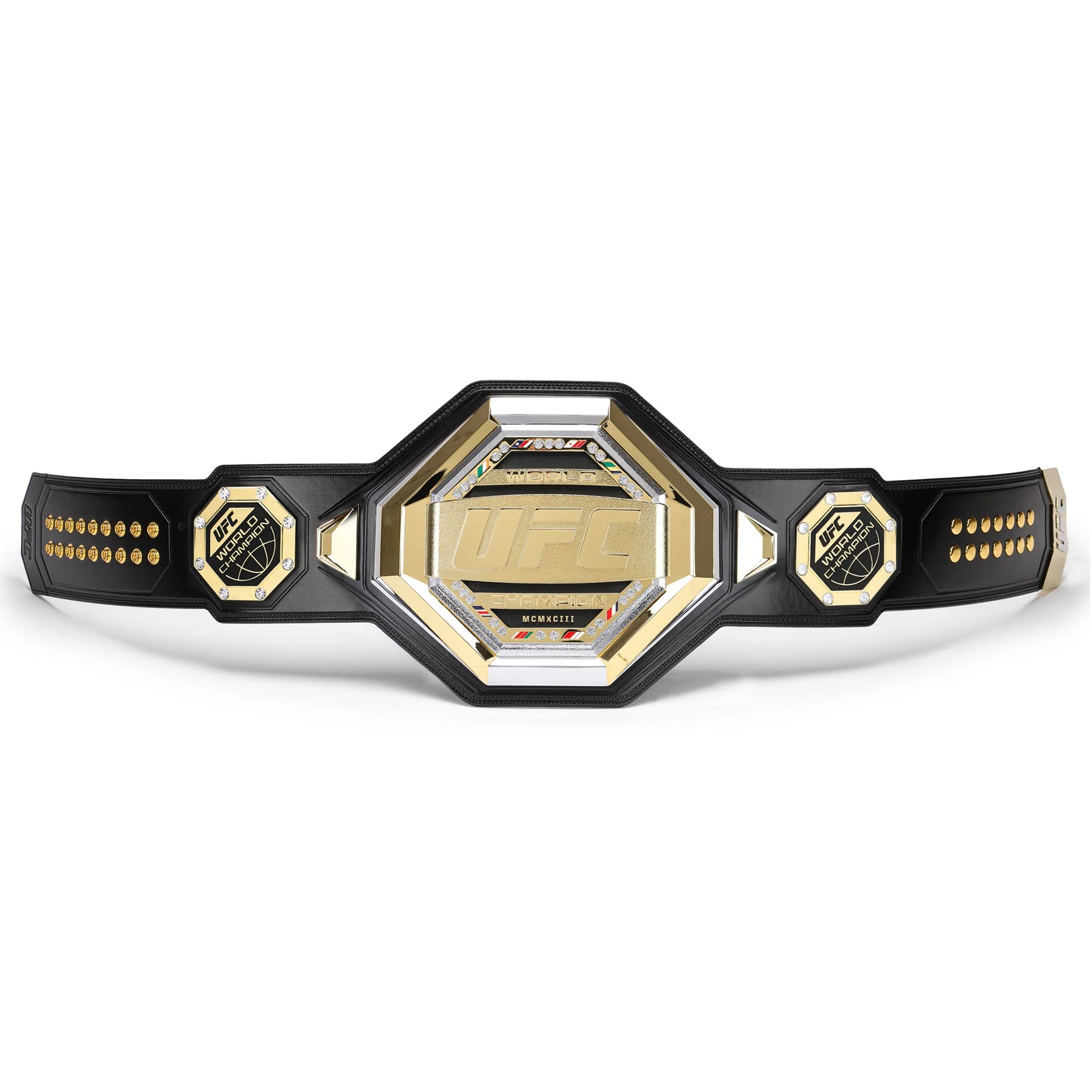 Black and gold championship belt on a white background