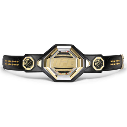 Black and gold championship belt on a white background