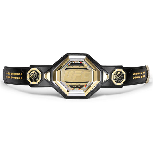 Black and gold championship belt on a white background