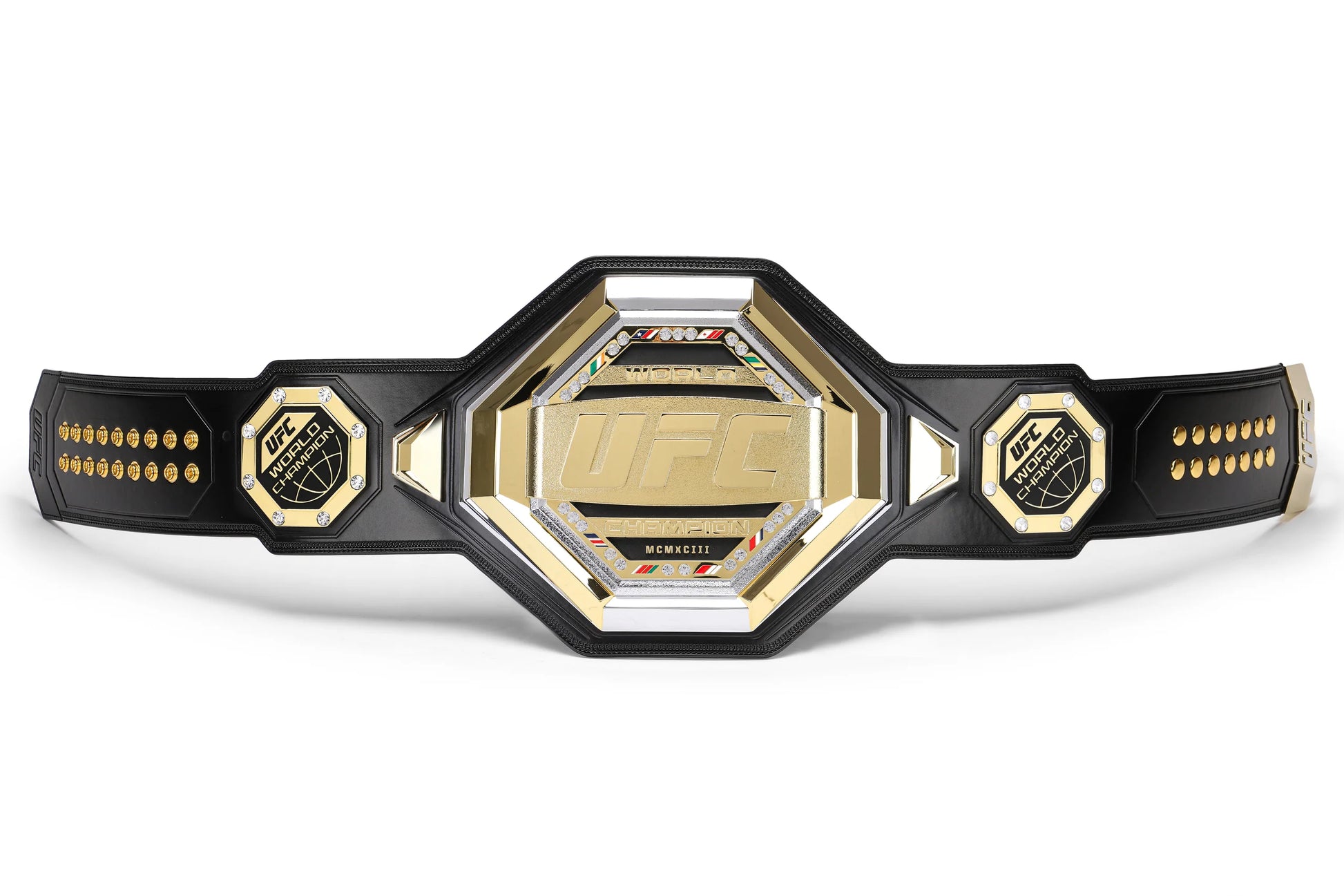 Black and gold championship belt on a white background