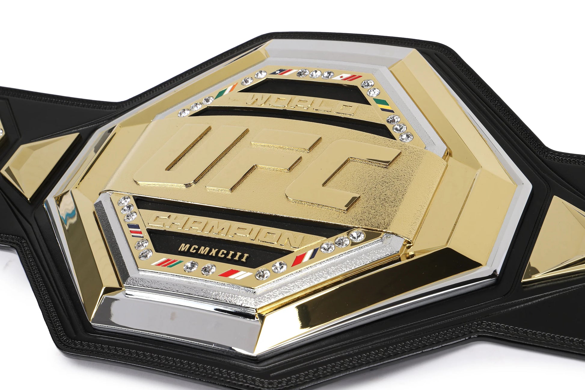 UFC championship belt with gold and black design on a white background