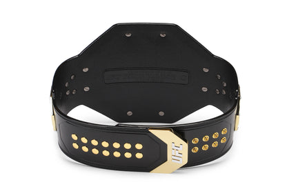 Black leather MMA belt with gold metal studs and a gold UFC logo plate, shown from the back on a white background.