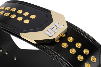 Black and gold UFC championship belt with gold buttons on a white background
