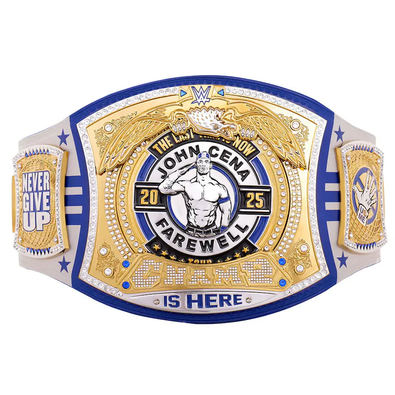 Wrestling championship belt with 'John Cena Farewell' text on a white background