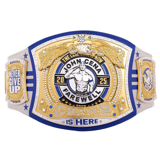 Wrestling championship belt with 'John Cena Farewell' text on a white background
