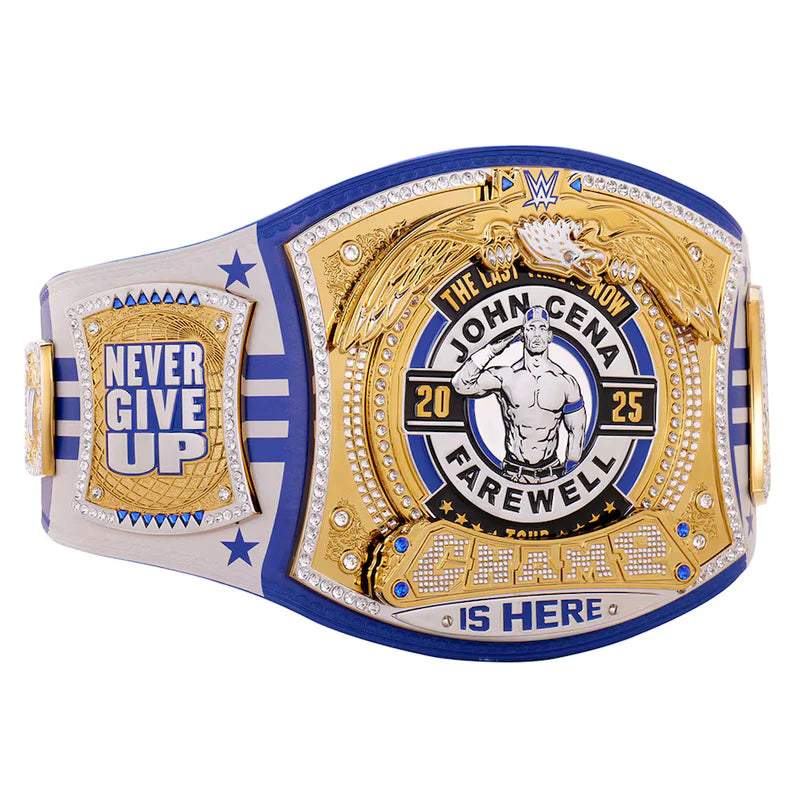 Wrestling championship belt with 'Never Give Up' and 'John Cena Farewell' text on a white background