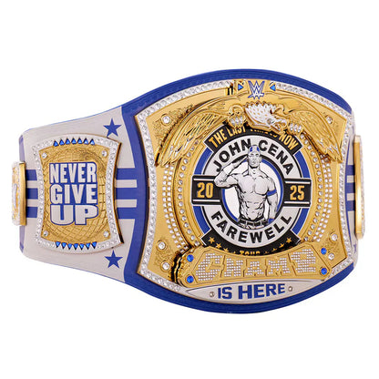 Wrestling championship belt with 'Never Give Up' and 'John Cena Farewell' text on a white background