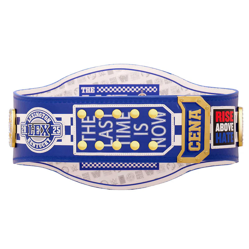 Wrestling championship belt with text and logos on a white background