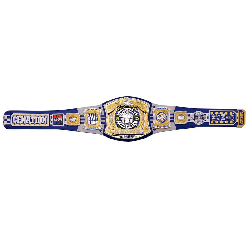Wrestling championship belt with blue and gold design on a white background