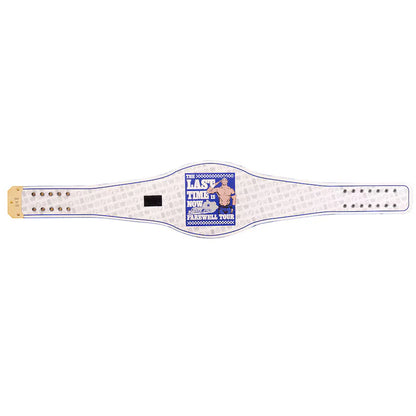Wrestling championship belt with text and graphics on a white background