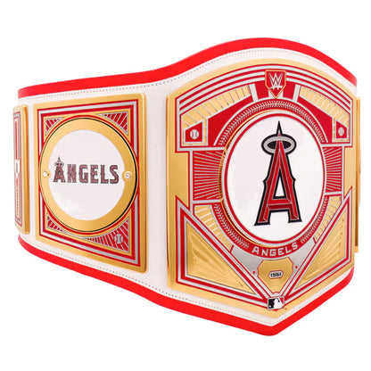 Wrestling championship belt with 'Angels' logo on a white background