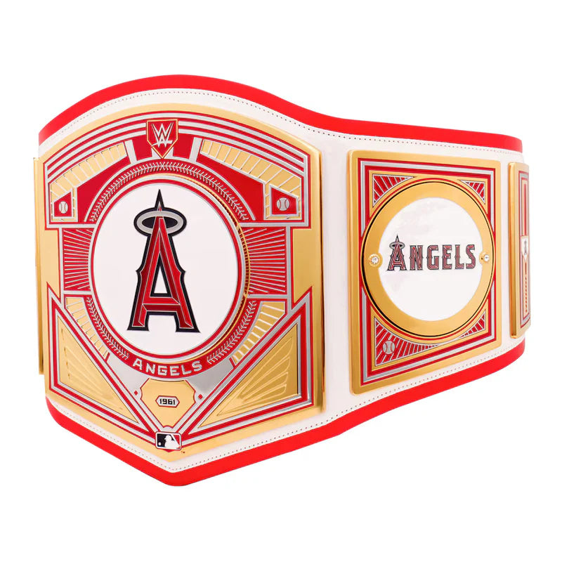 Wrestling championship belt with 'Angels' logo on a white background