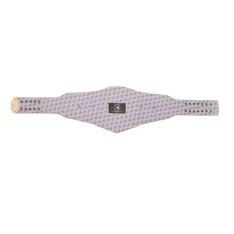 Patterned belt with a brand label on a white background