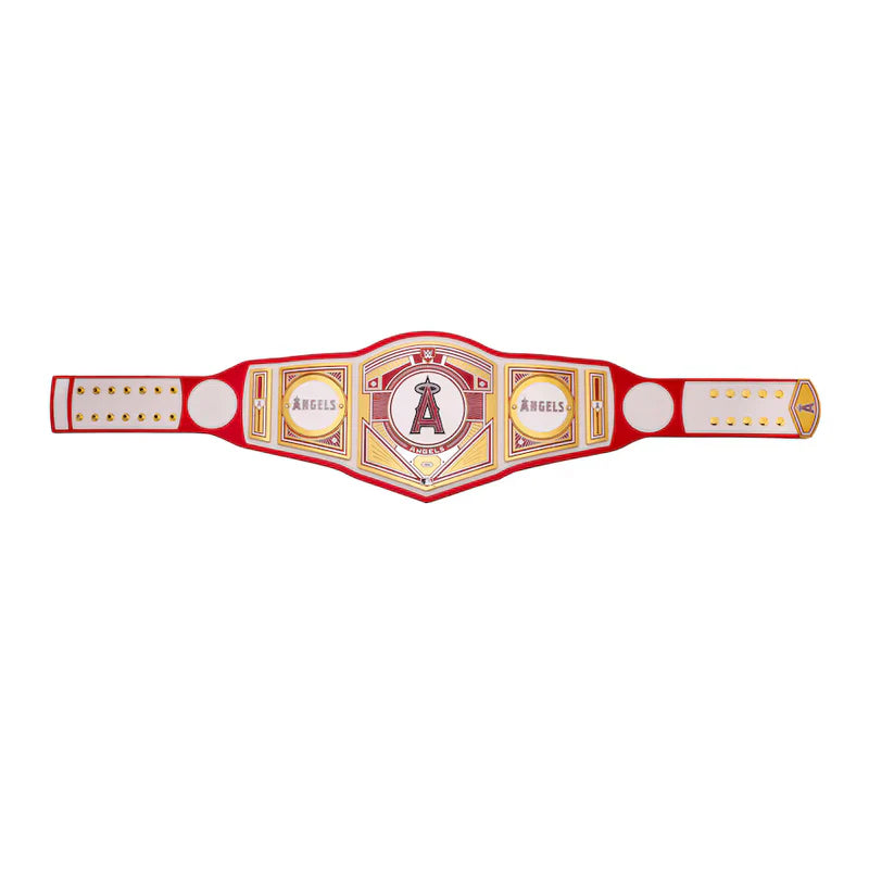 Red championship belt with a logo on a white background