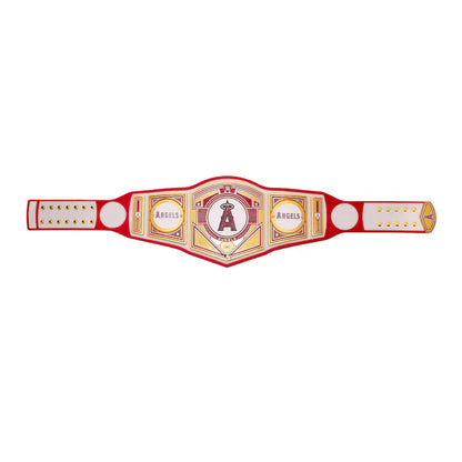 Red championship belt with a logo on a white background