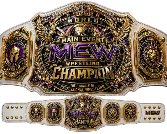 MEW World Main Event Wrestling Champion replica title belt with white strap purple and gold detailing