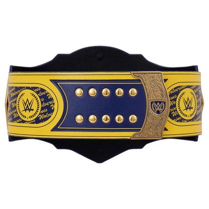 Wrestling championship belt with gold and blue design on a white background