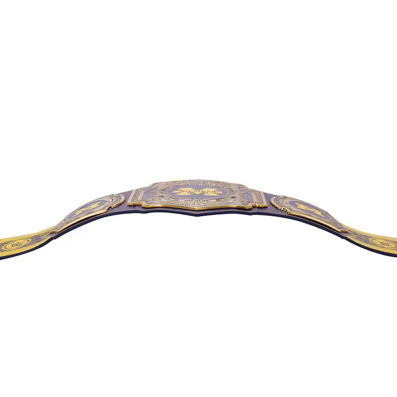 A championship belt with ornate gold and purple detailing, shown curved against a plain white background.