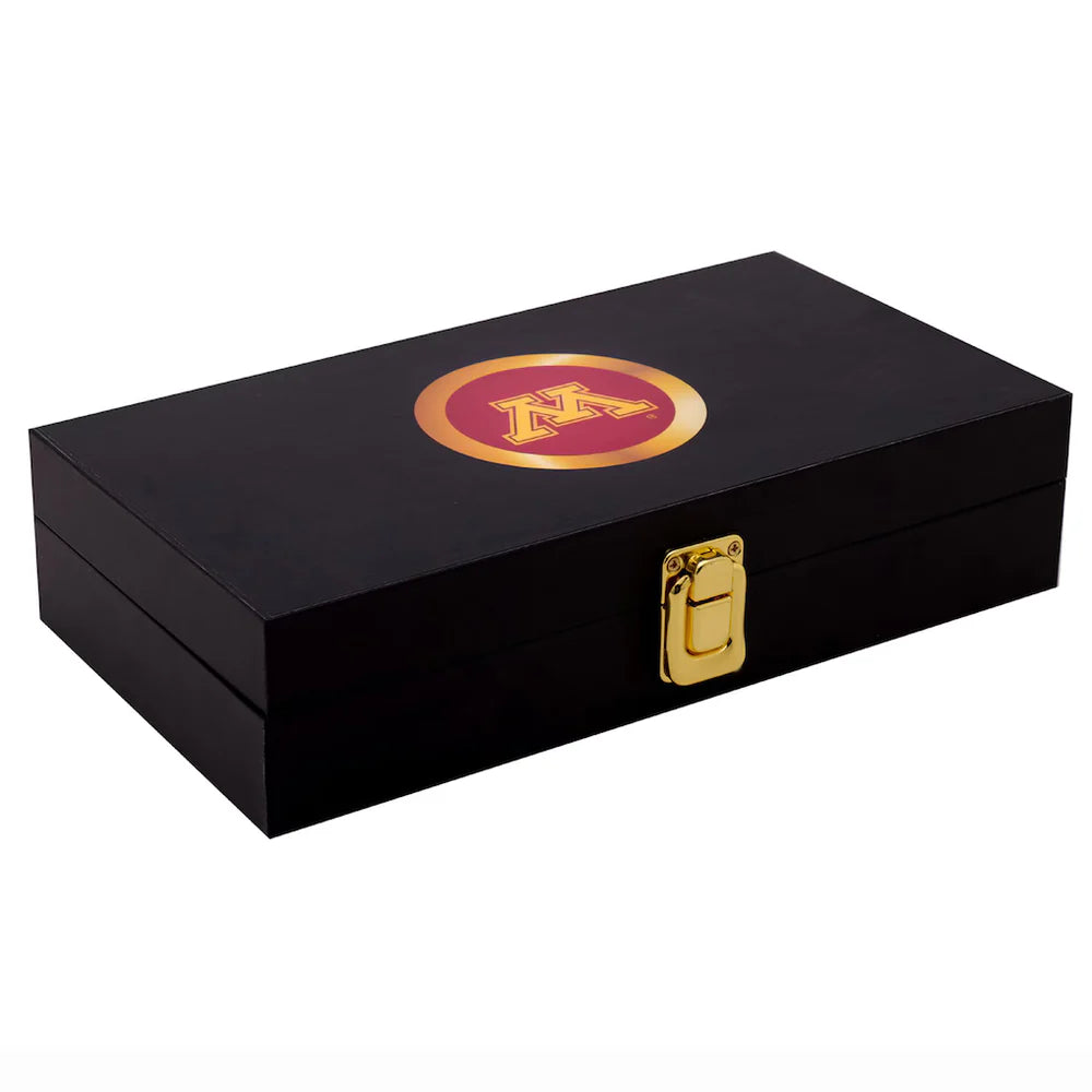 Black wooden box with a gold clasp and emblem on a white background Minnesota Golden Gophers 16MM Replica Side Plate Box Set