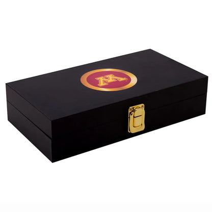 Black wooden box with a gold clasp and emblem on a white background Minnesota Golden Gophers 16MM Replica Side Plate Box Set
