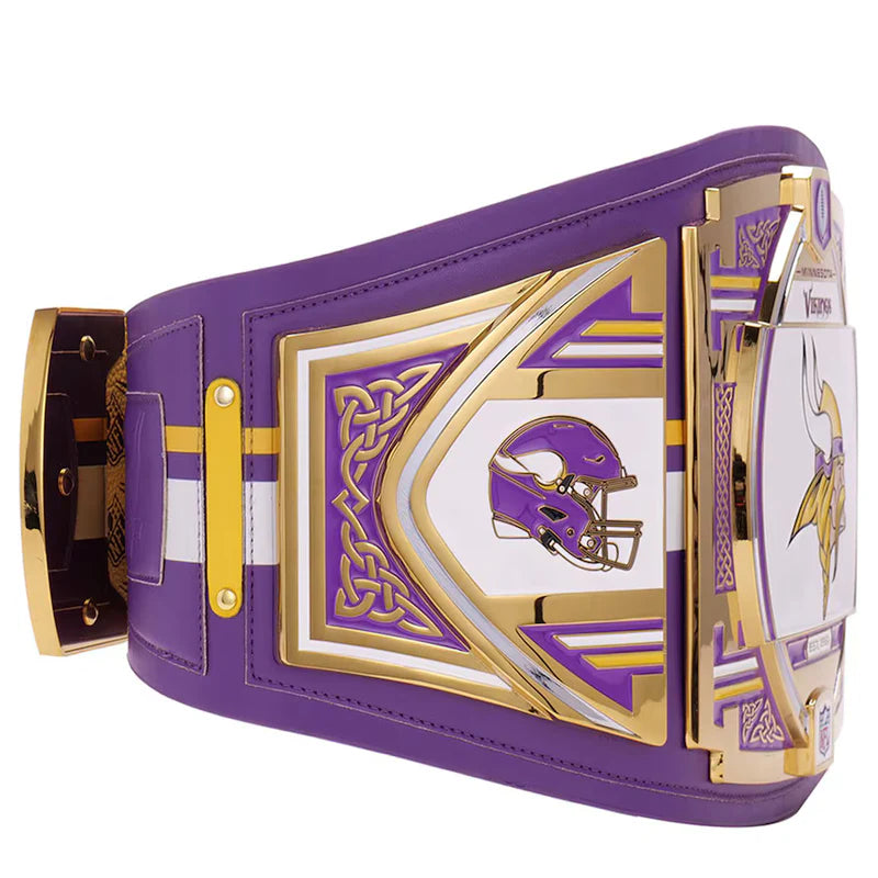 Purple and gold championship belt with helmet emblem on a white background