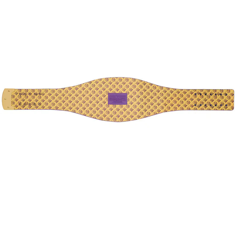 Yellow belt with a purple label on a white background