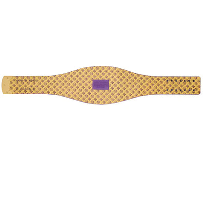 Yellow belt with a purple label on a white background