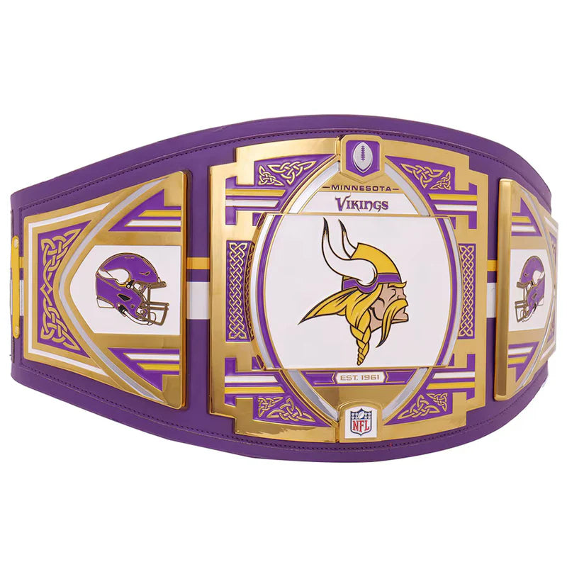 Purple and gold championship belt with Minnesota Vikings logo on a white background