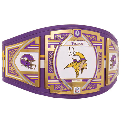 Purple and gold championship belt with Minnesota Vikings logo on a white background