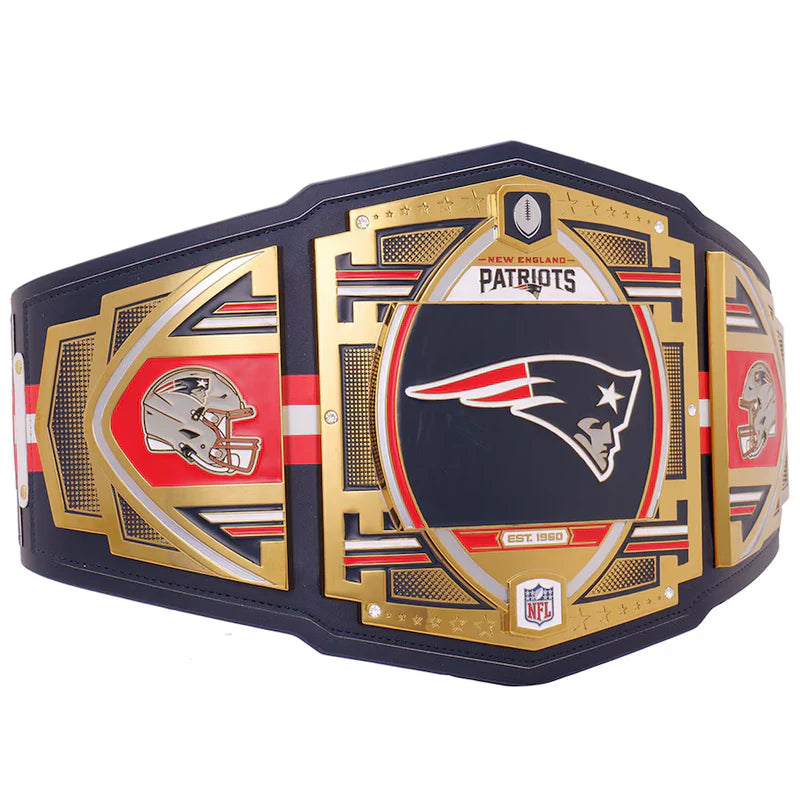 New England Patriots championship belt with team logo and colors on a white background